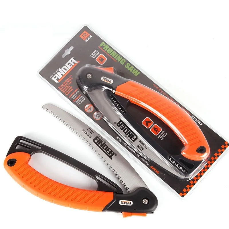 Folding garden saw with a black TPR grip and a metallic 9-inch saw blade, shown both open and closed.