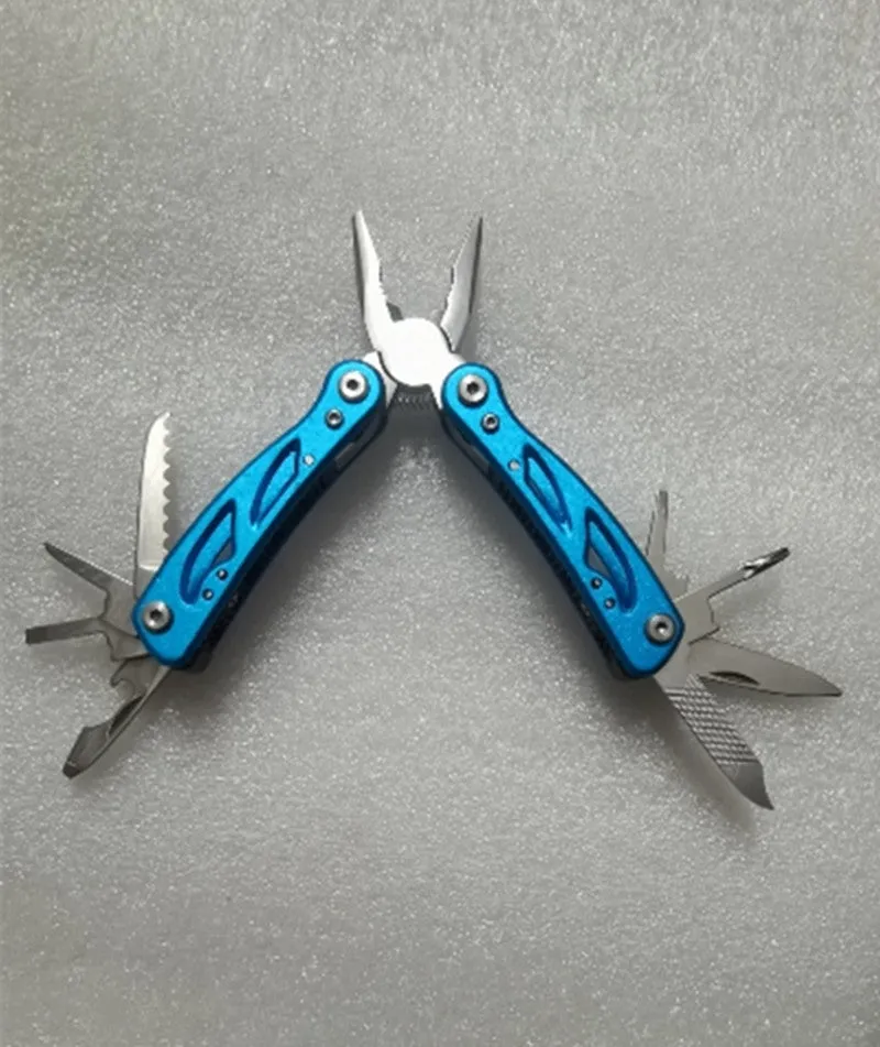 Blue multi-function stainless steel pliers with folding knife shown with Oxford storage bag