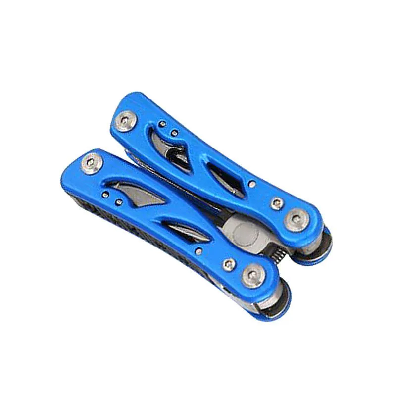 Blue multi-function stainless steel pliers with folding knife shown with Oxford storage bag