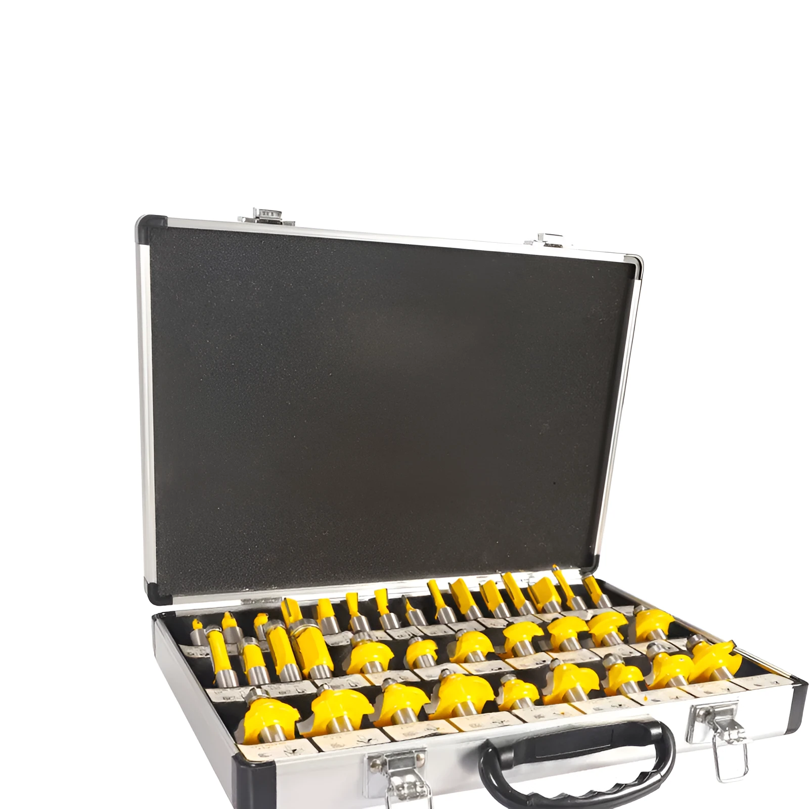 A set of 35 metal woodworking milling cutters and side cutters with different coloured handles on a workbench.