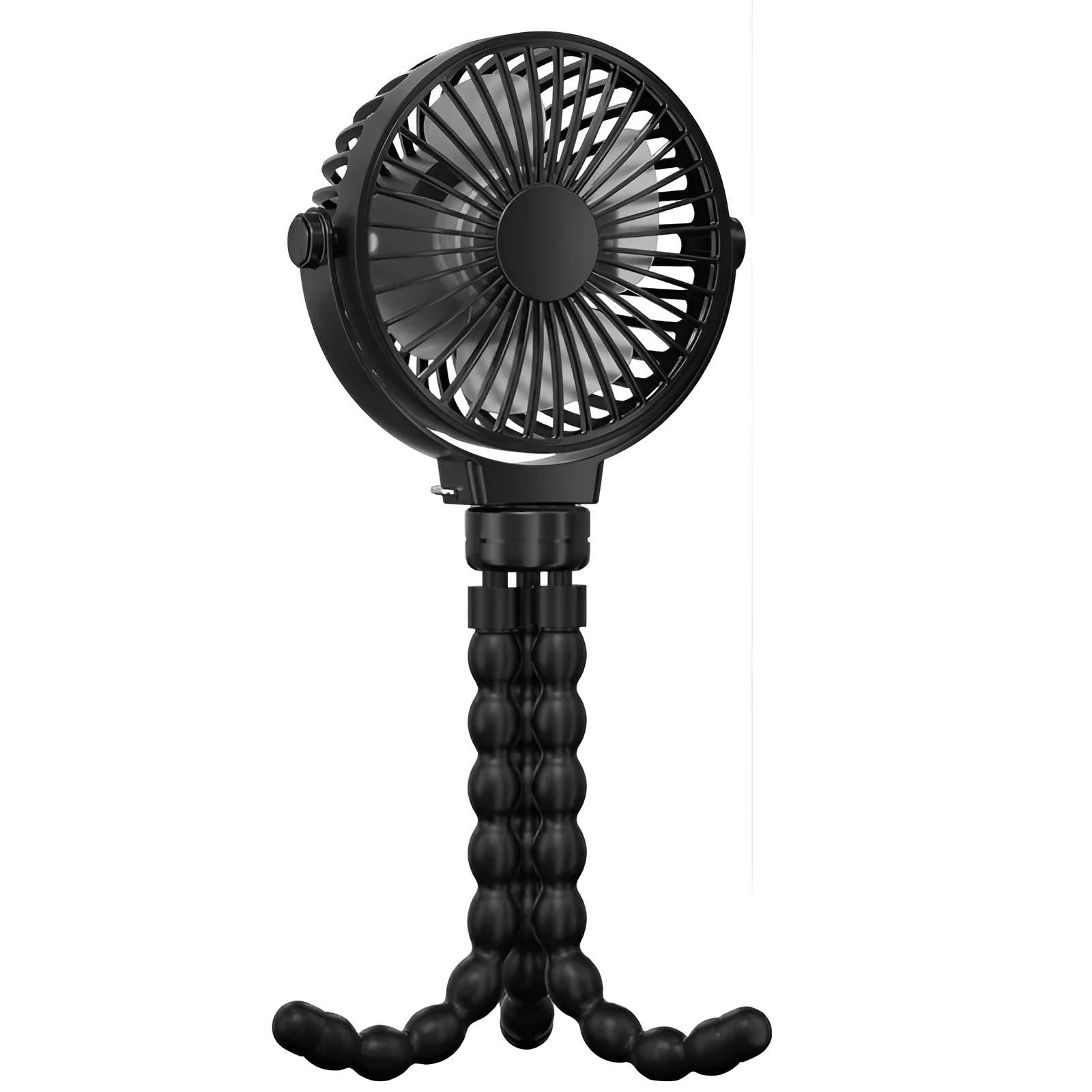 Black portable clip fan with flexible tripod legs and 2000mAh battery for USB charging