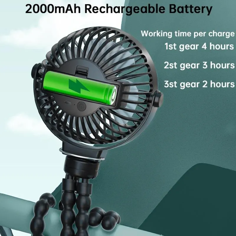 Black portable clip fan with flexible tripod legs and 2000mAh battery for USB charging