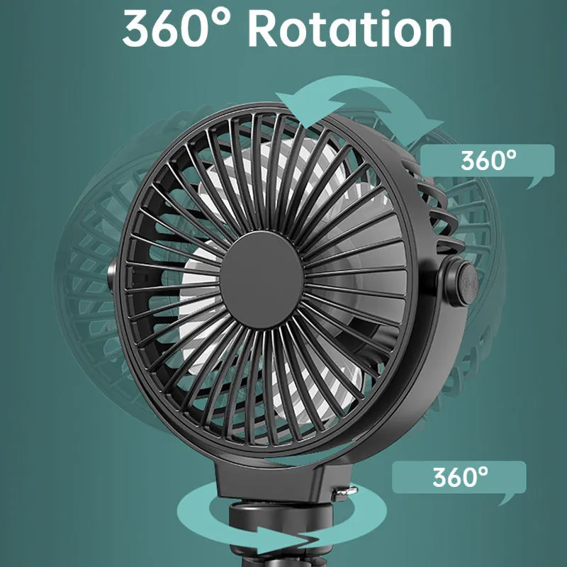Black portable clip fan with flexible tripod legs and 2000mAh battery for USB charging