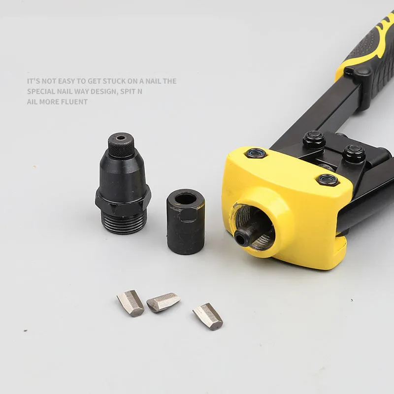 Yellow 13-inch manual rivet gun with three built-in tips for 3.2mm, 4.0mm and 4.8mm rivets