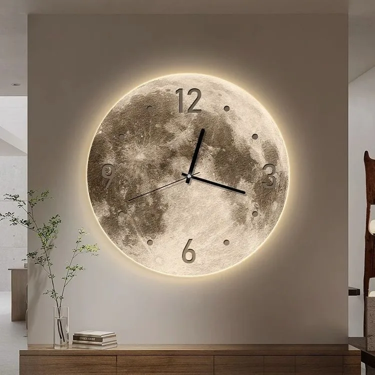 Modern wall clock with optional LED backlight in 30cm, 40cm, or 50cm diameters on a wall.