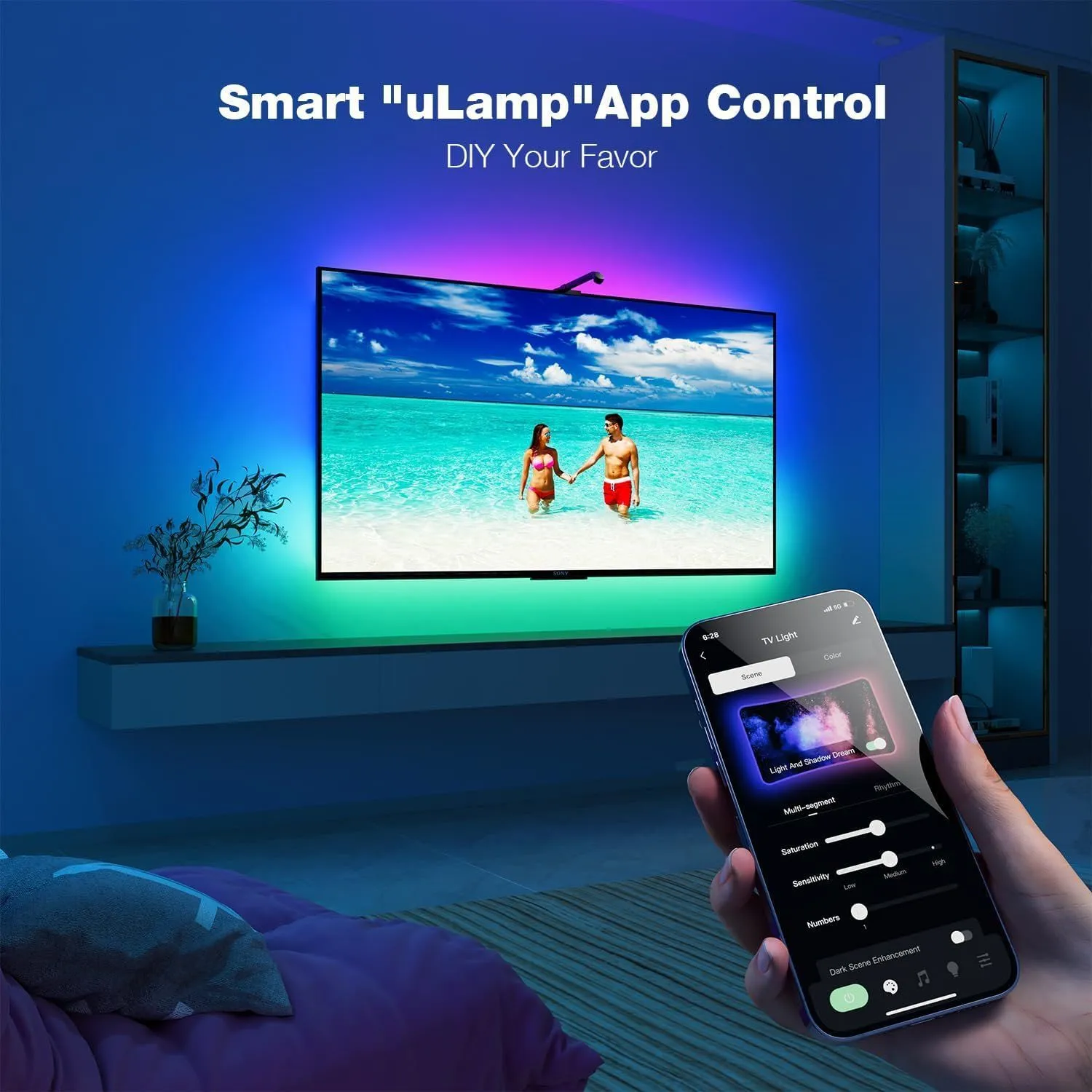 5-metre RGB ambient light strip with remote control for TV and desktop screen synchronisation