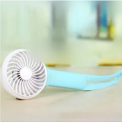 Blue mini USB rechargeable hand fan with LED light showing 200mm blades and adjustable speed controls.