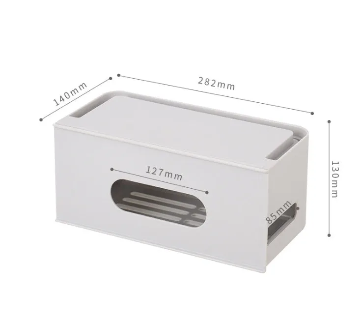Gray and white plastic wireless router storage box with cable management compartments
