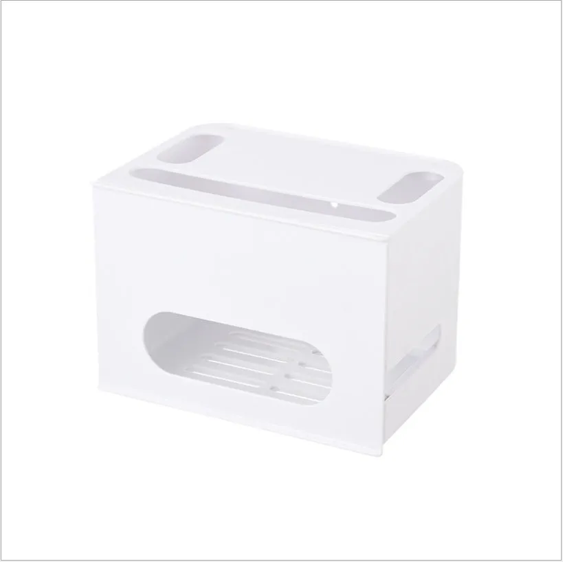Gray and white plastic wireless router storage box with cable management compartments