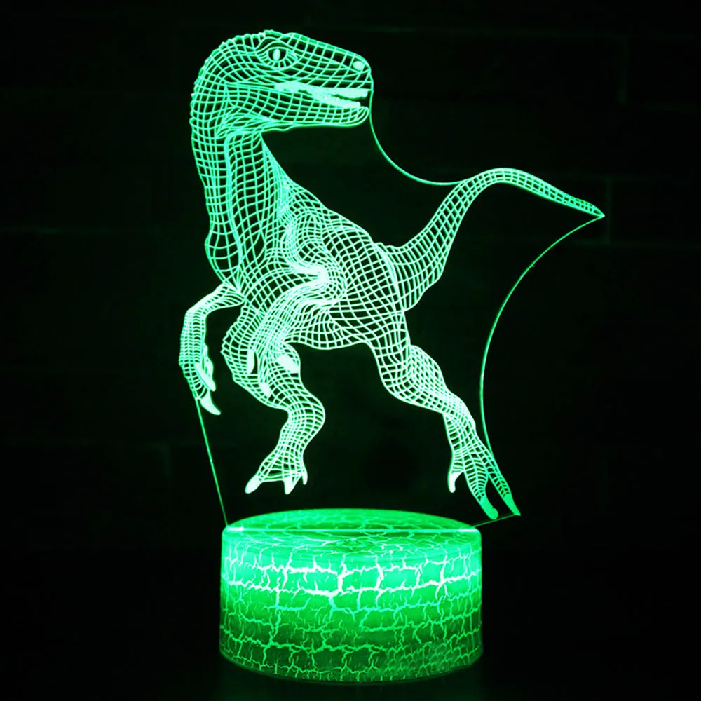 Colourful dinosaur 3D LED night light with touch controls on a compact ABS base.