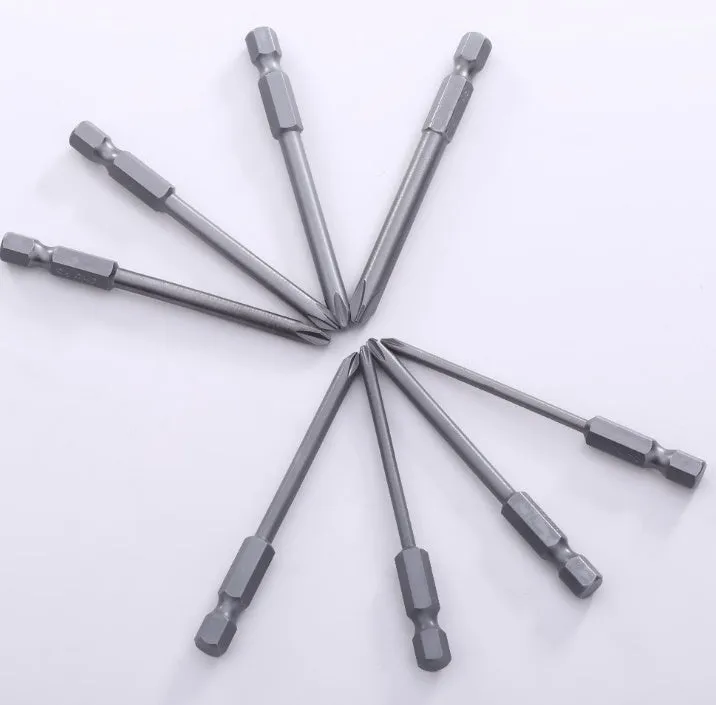 8-piece set of long magnetic cross head screwdriver bits in PH0, PH1 and PH2 sizes on a white background.