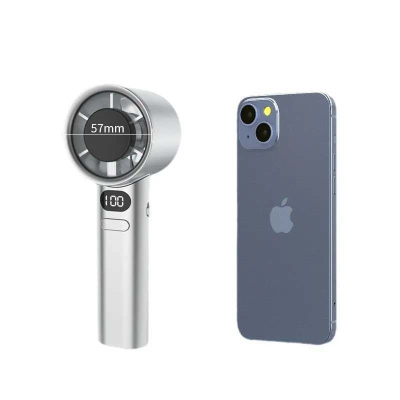 A handheld personal fan with variable speed control, shown in green, with USB charging port and six plastic blades.