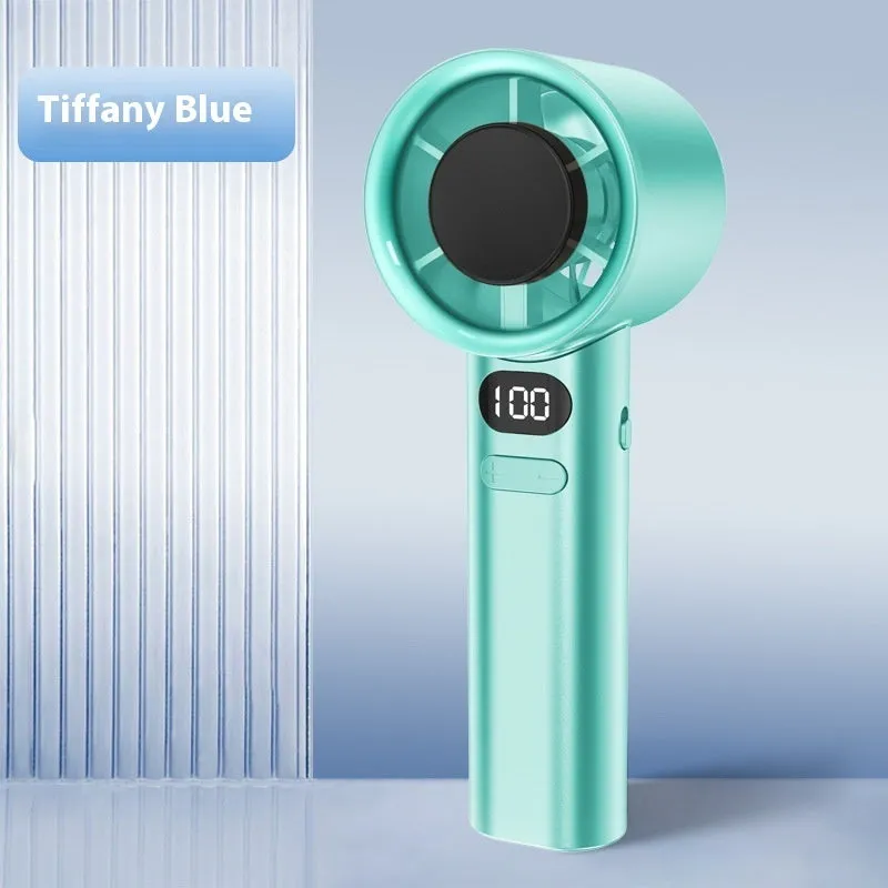 A handheld personal fan with variable speed control, shown in green, with USB charging port and six plastic blades.
