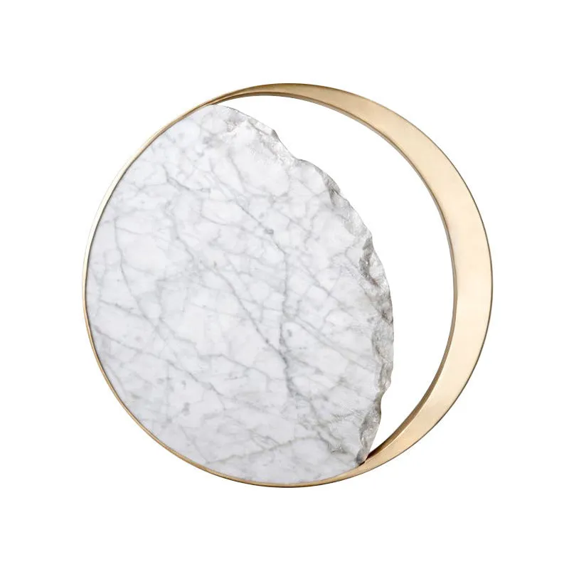 Round marble and copper eclipse art design LED wall lamp with a diameter of 25cm.