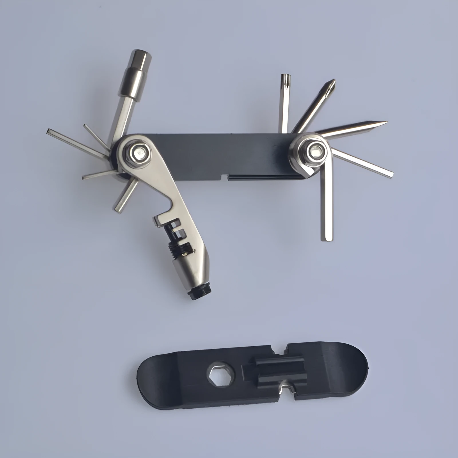 Chrome vanadium steel bicycle repair combination tool in black, red, yellow, and blue.
