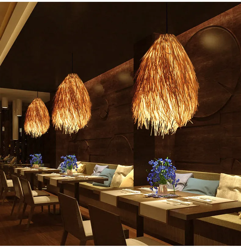 White rattan chandelier with pine cone shape, 300mm diameter, on ceiling