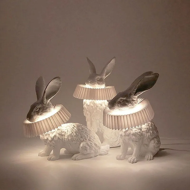 Custom graphic rabbit table lamp in standing posture with international plug options for bedroom lighting