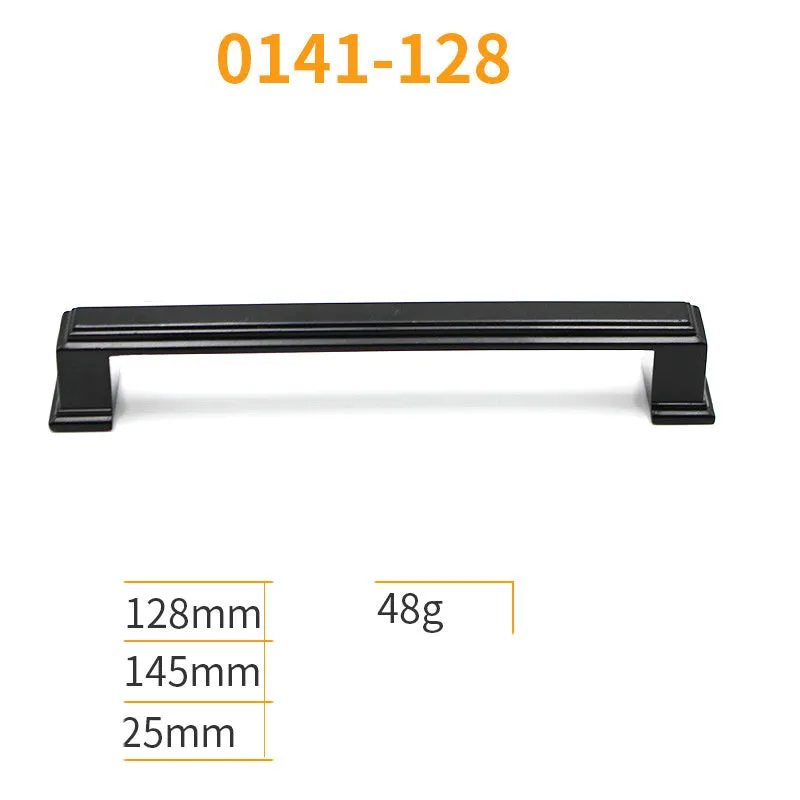 Black aluminum alloy cabinet handles and drawer knobs in various sizes and styles on a white background.