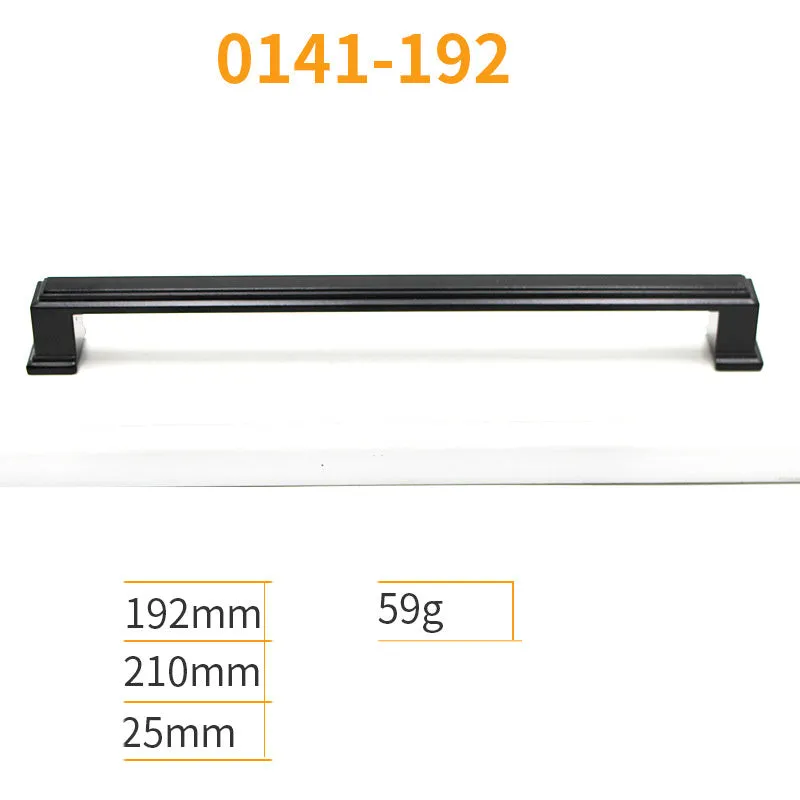 Black aluminum alloy cabinet handles and drawer knobs in various sizes and styles on a white background.