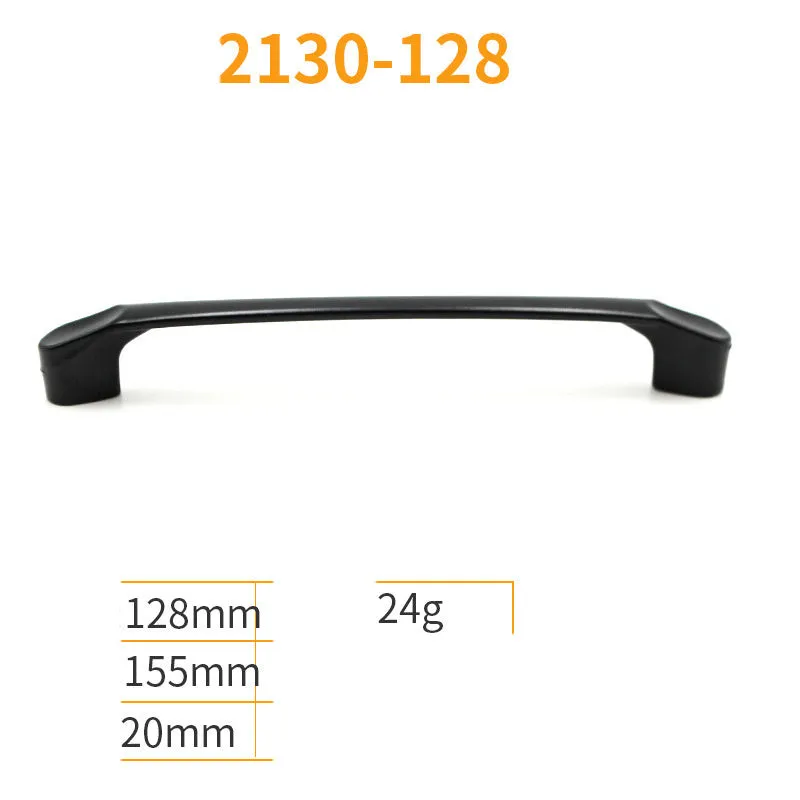 Black aluminum alloy cabinet handles and drawer knobs in various sizes and styles on a white background.