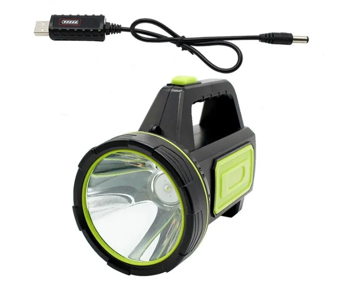 Green rechargeable LED flashlight with USB port on a dark background.