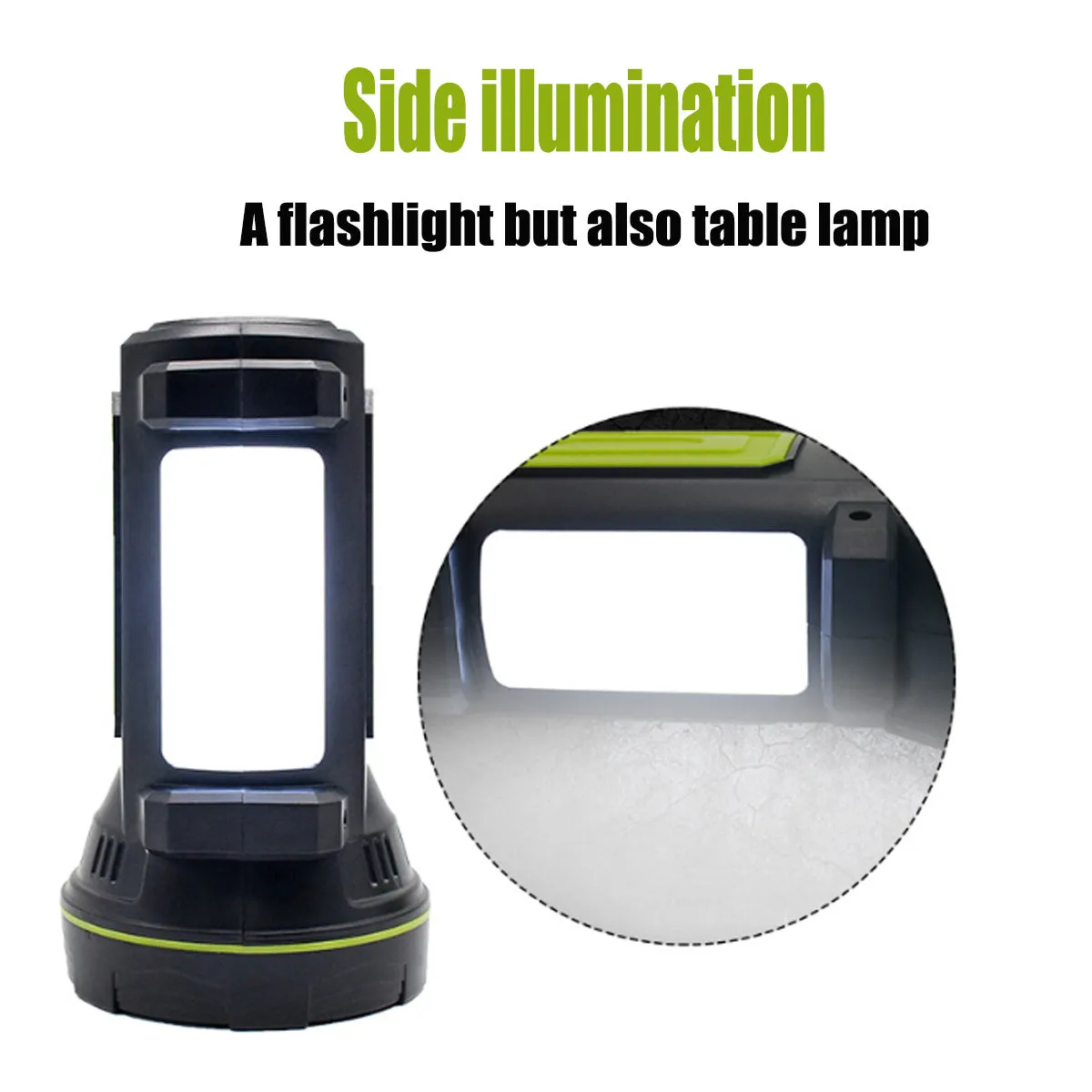 Green rechargeable LED flashlight with USB port on a dark background.