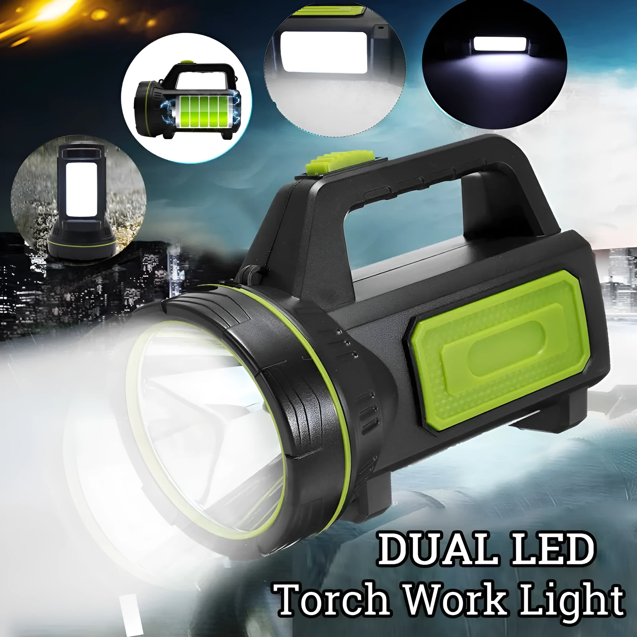 Green rechargeable LED flashlight with USB port on a dark background.