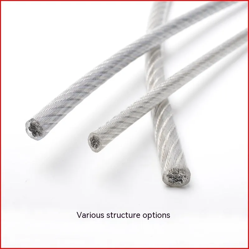 Close-up of a coiled 304 stainless steel coated security cable with double twist multi-strand construction.