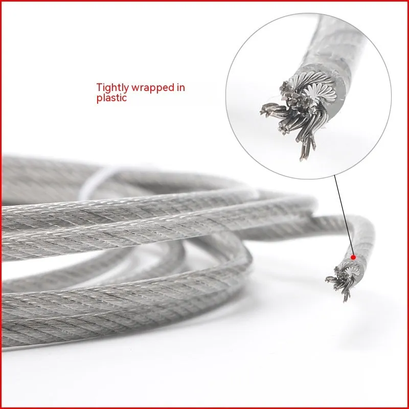 Close-up of a coiled 304 stainless steel coated security cable with double twist multi-strand construction.