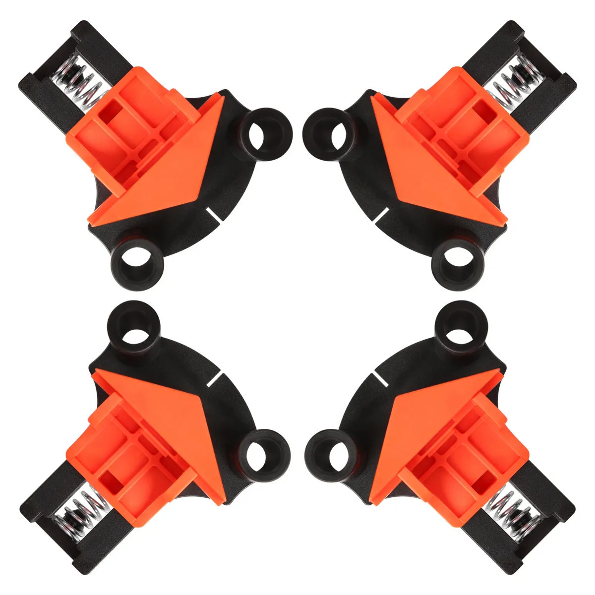 Four plastic 90-degree right angle clamps for woodworking and picture frame assembly