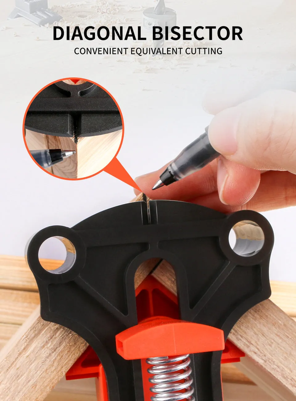 Four plastic 90-degree right angle clamps for woodworking and picture frame assembly