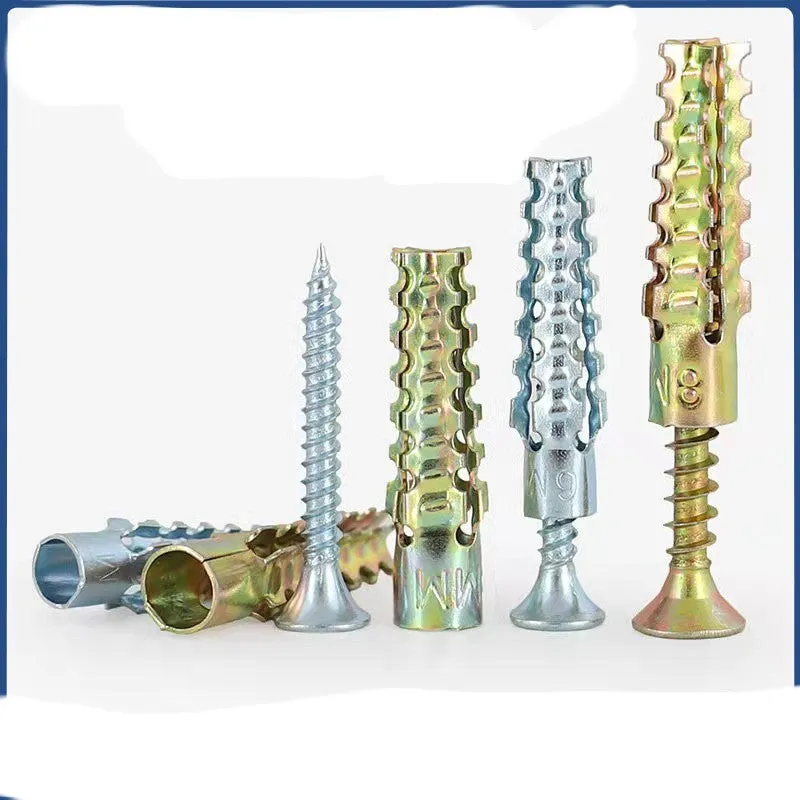 Metal expansion tube and screw set with serrated barbs for wall fixing in concrete and brick