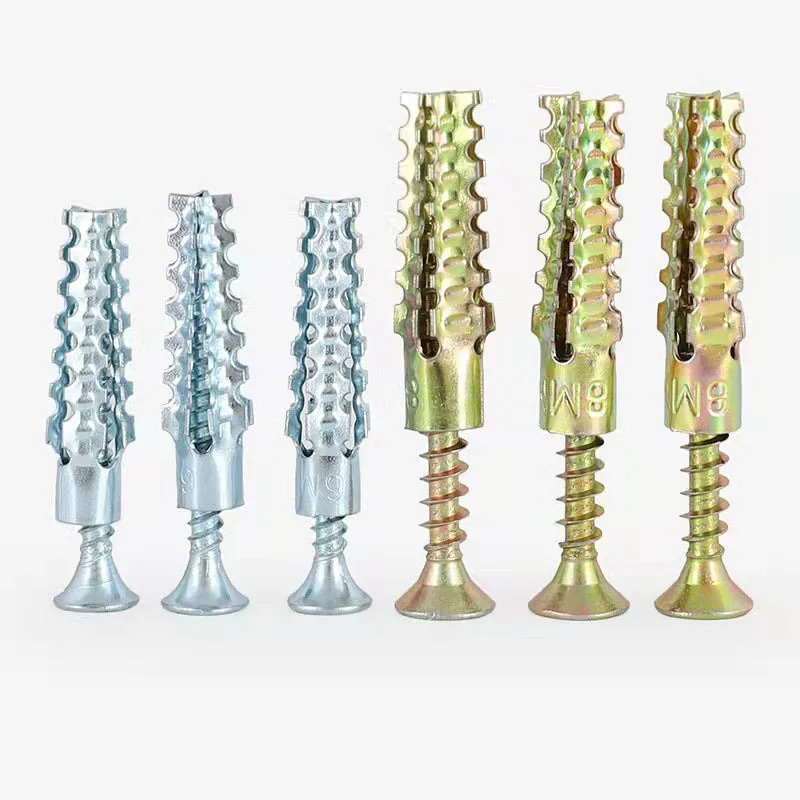 Metal expansion tube and screw set with serrated barbs for wall fixing in concrete and brick