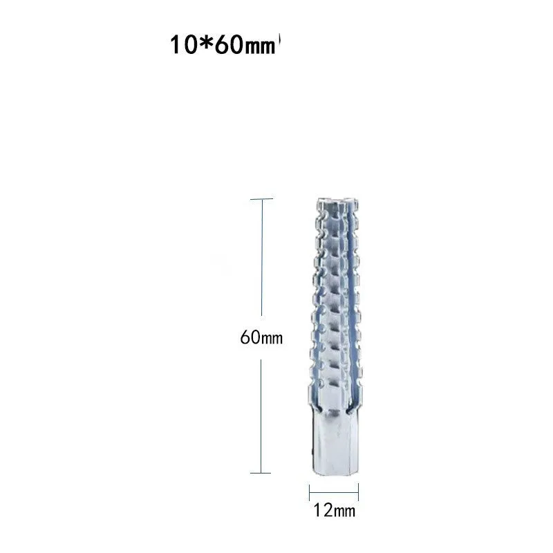 Metal expansion tube and screw set with serrated barbs for wall fixing in concrete and brick