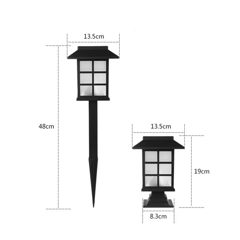 Black solar-powered LED lawn light for outdoor garden and pathway illumination.