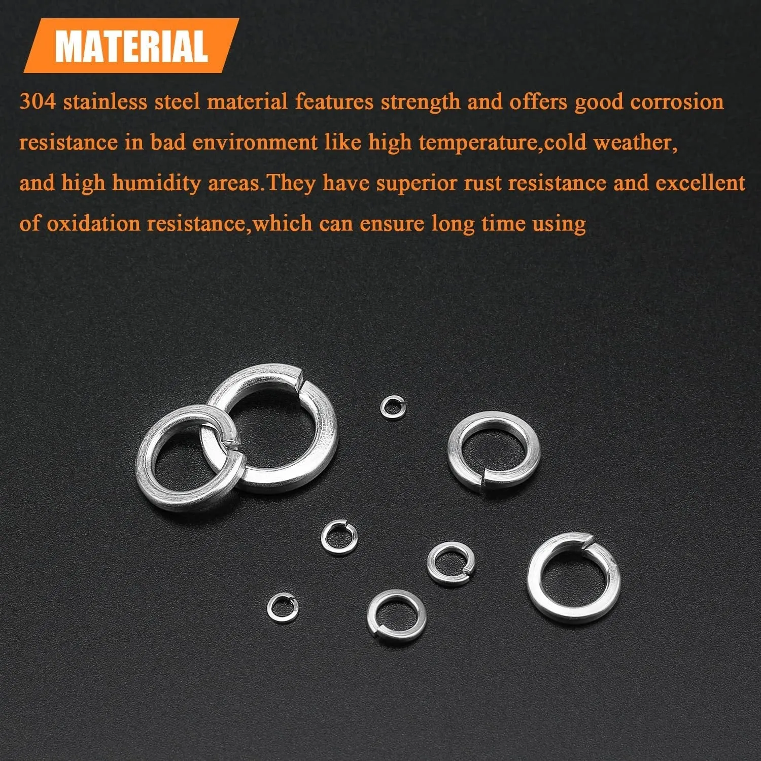 Open box showing assortment of 304 stainless steel spring lock washers in various sizes on a white background.