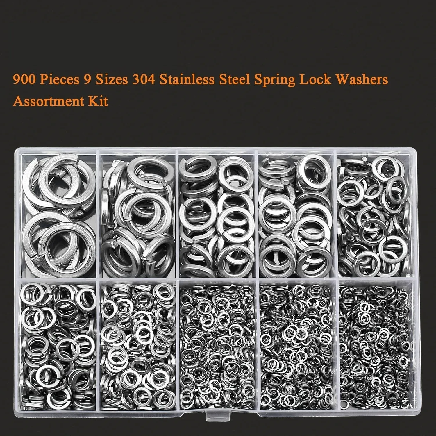 Open box showing assortment of 304 stainless steel spring lock washers in various sizes on a white background.