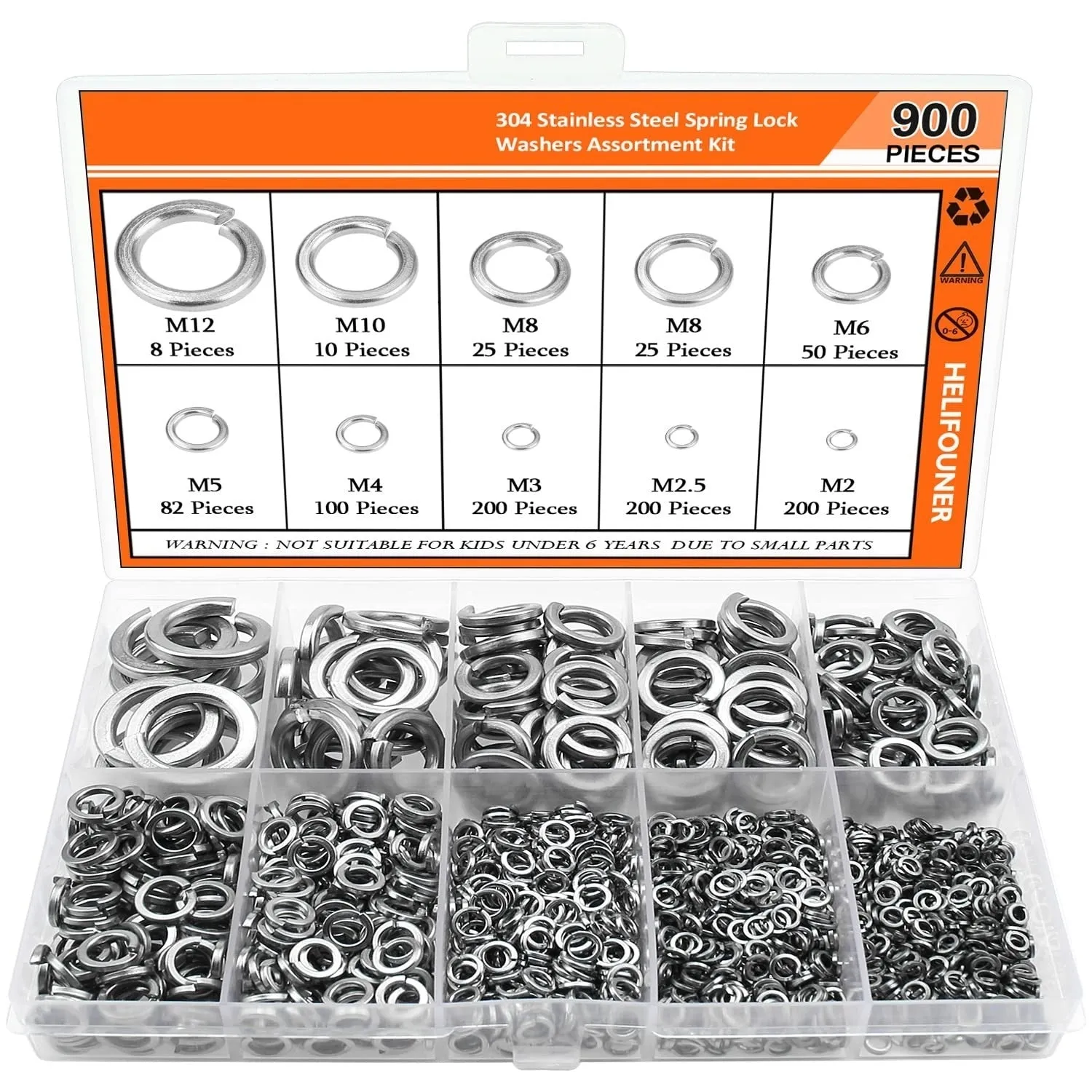 Open box showing assortment of 304 stainless steel spring lock washers in various sizes on a white background.