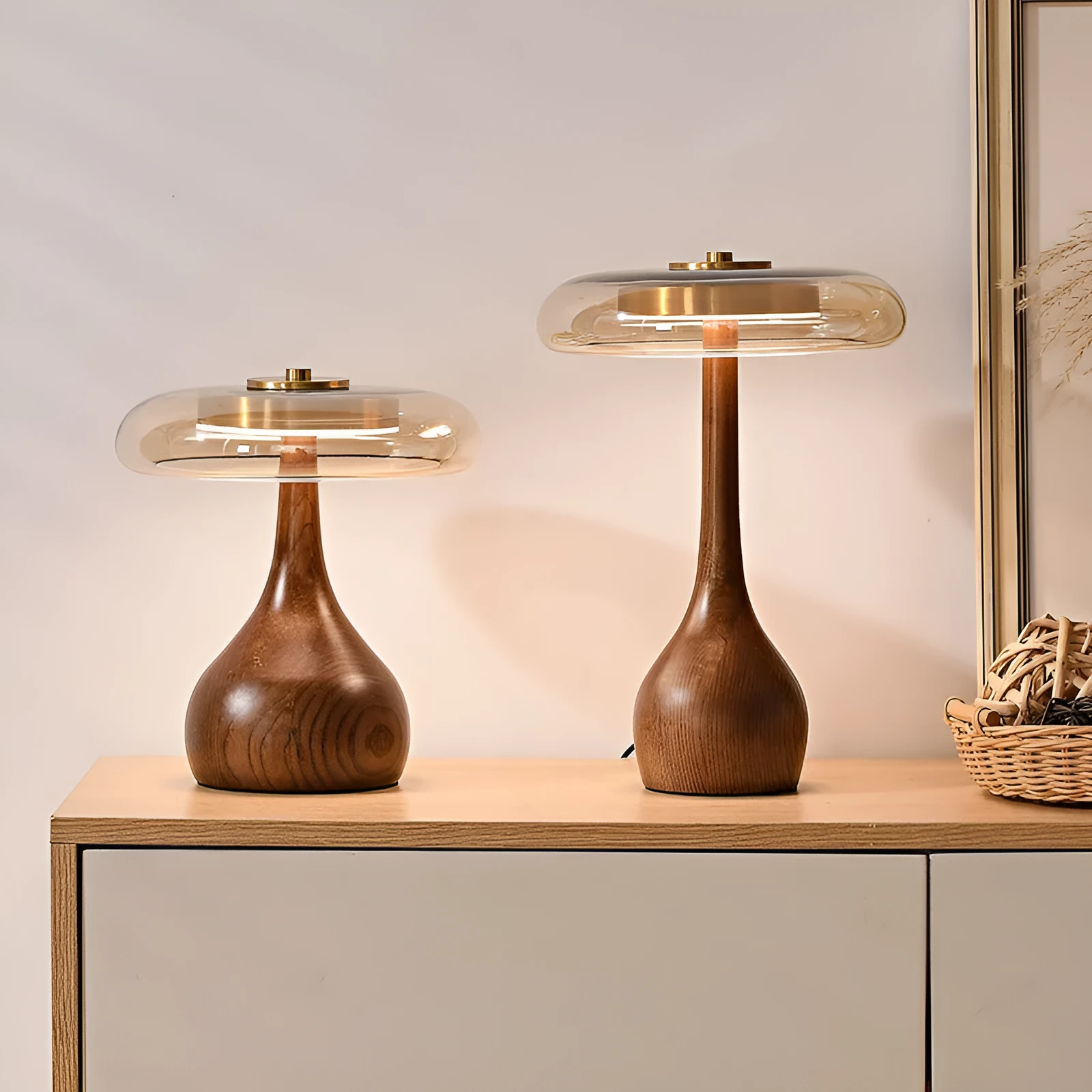 Solid ash wood bedside lamp with cognac shade and metal base on wooden table