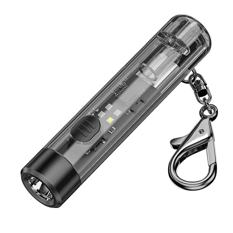 Black plastic portable flashlight with USB charging port.