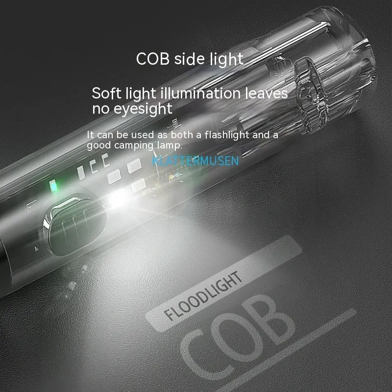 Black plastic portable flashlight with USB charging port.