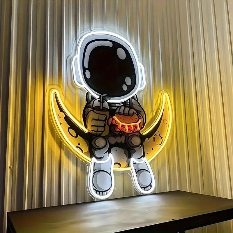 Astronaut-shaped wall-mounted neon light with USB power cord in blue or white colour options