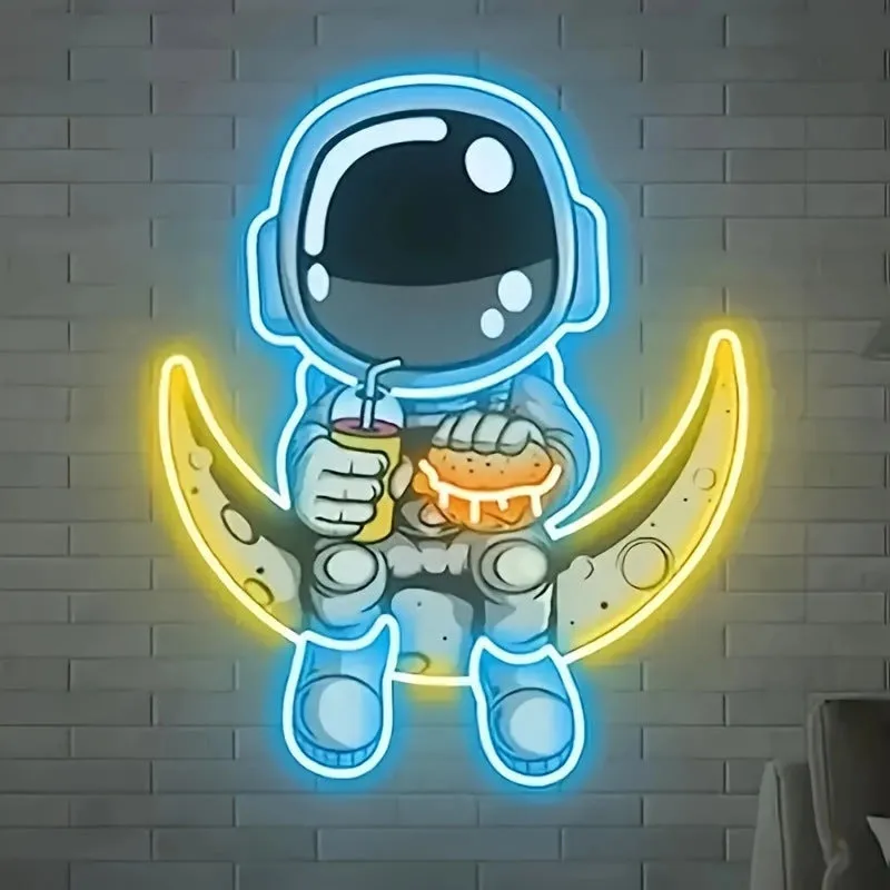 Astronaut-shaped wall-mounted neon light with USB power cord in blue or white colour options