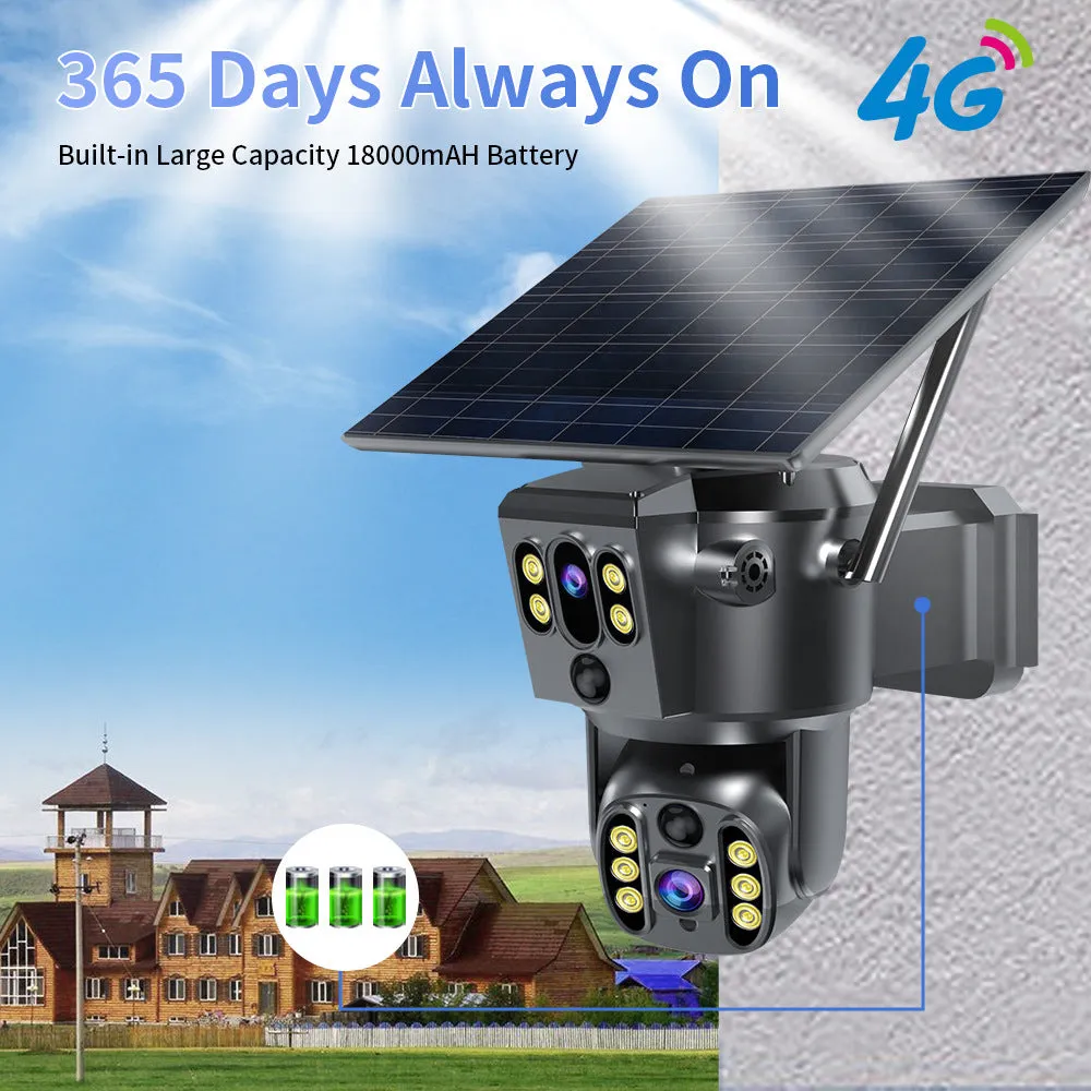 Solar-powered dual lens PTZ security camera with 2560x1440 resolution and infrared night vision