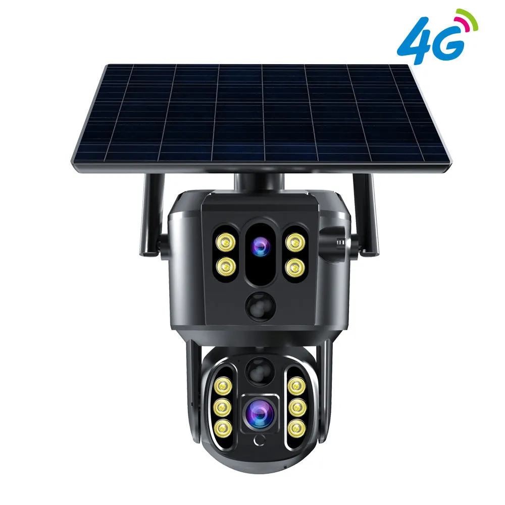 Solar-powered dual lens PTZ security camera with 2560x1440 resolution and infrared night vision