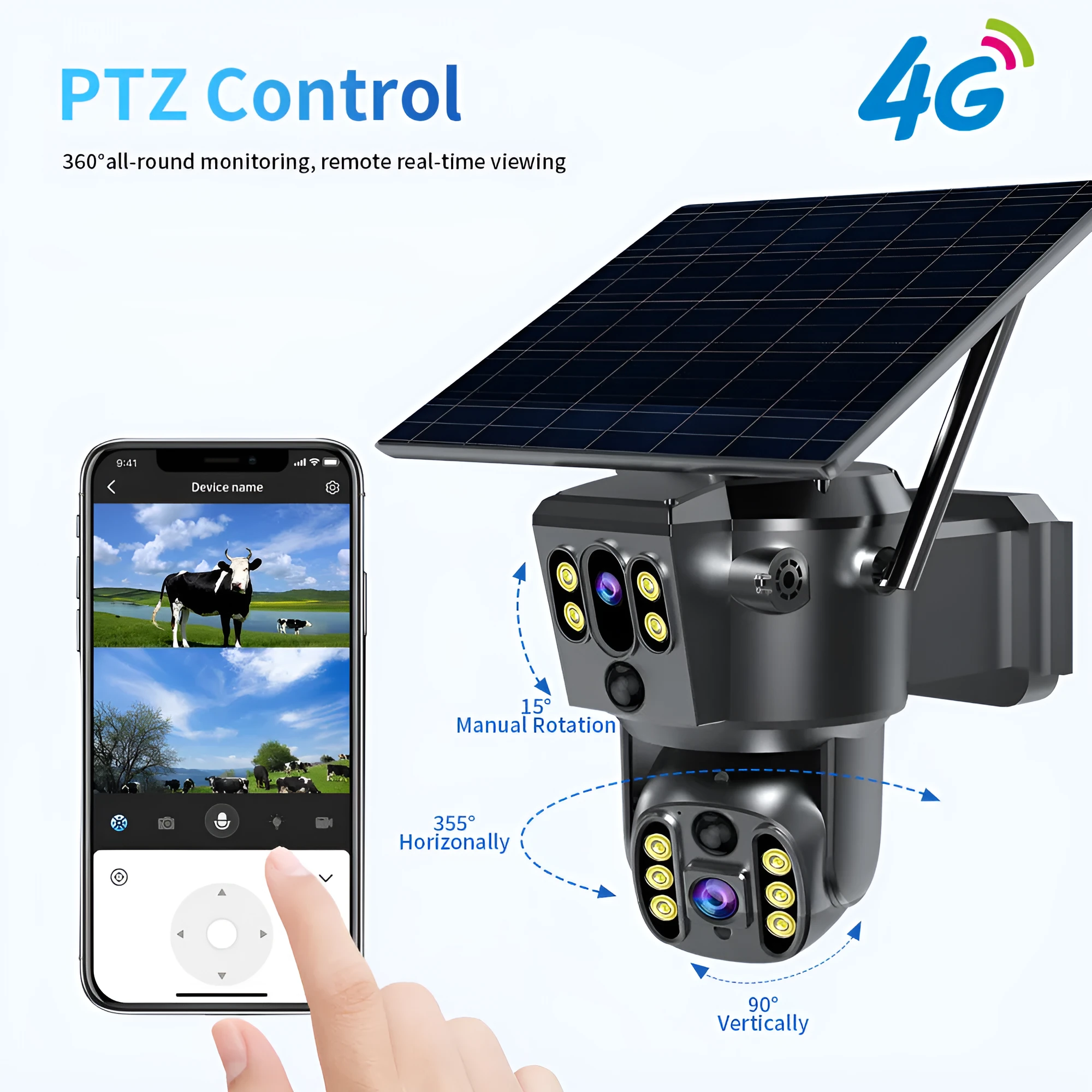Solar-powered dual lens PTZ security camera with 2560x1440 resolution and infrared night vision