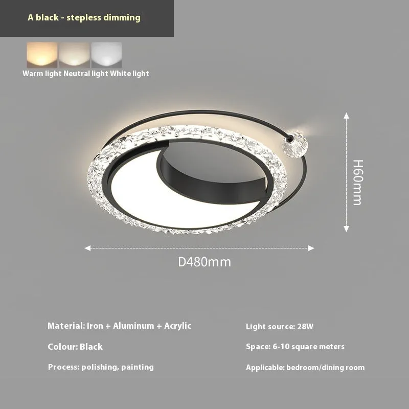 Modern round iron ceiling lamp in black finish mounted on a white ceiling.