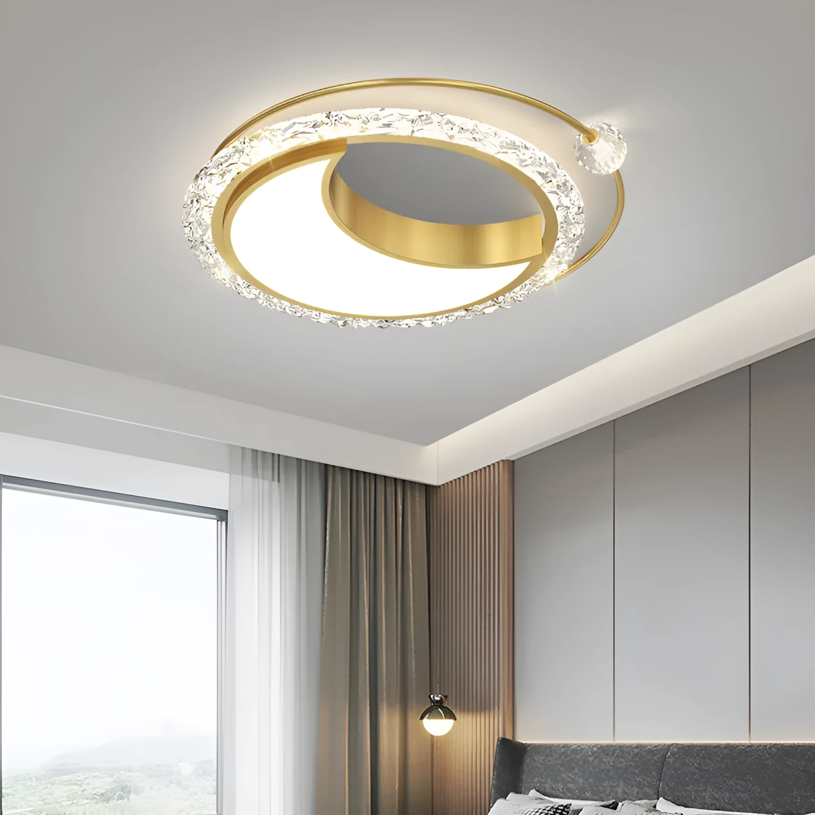 Modern round iron ceiling lamp in black finish mounted on a white ceiling.