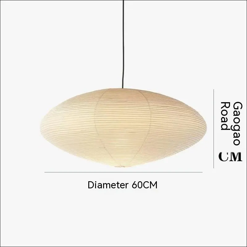 Modern paper pendant lamp with bamboo frame hanging from ceiling, shown in multiple diameter sizes.