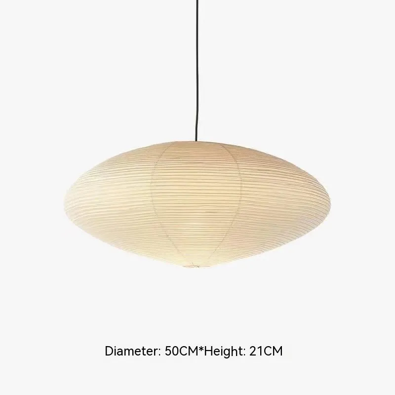 Modern paper pendant lamp with bamboo frame hanging from ceiling, shown in multiple diameter sizes.